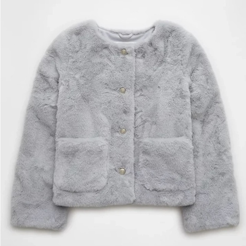 American Eagle Outfitters Light Gray Faux Fur Jacket